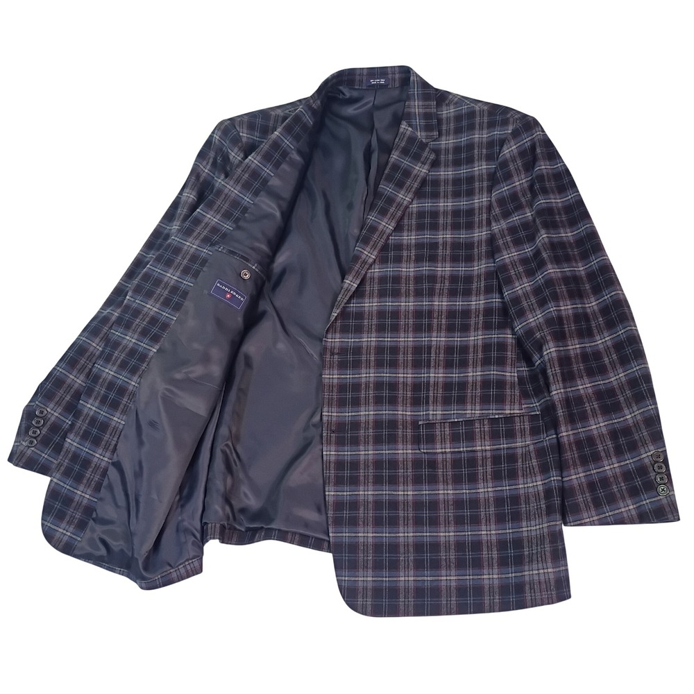 Saddlebred Mens 50R Blazer Navy Blue Grey Plaid 100% Cotton Sport Coat Jacket